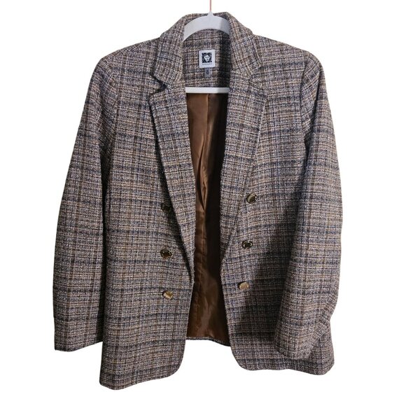 Anne Klein Vintage Tan Gold Plaid Open Front Double-breasted Tweed Blazer Size M - Picture 2 of 6